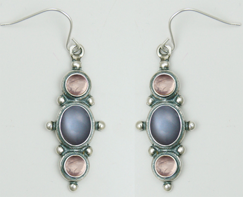 Sterling Silver Drop Dangle Earrings With Grey Moonstone And Rose Quartz